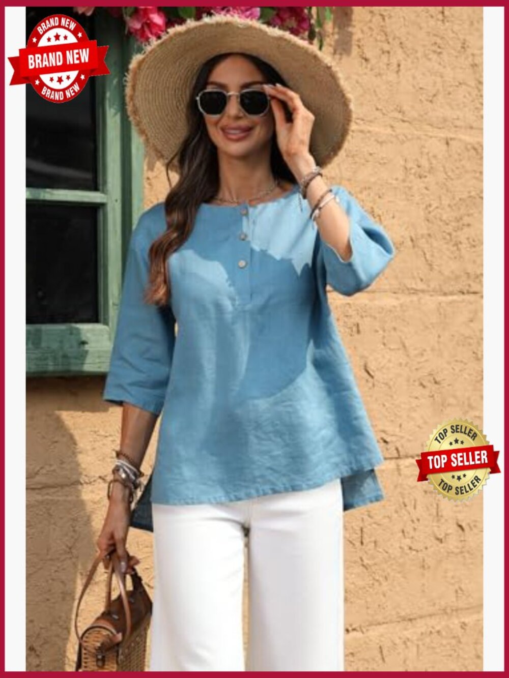 100% Linen 3/4 Sleeve Henley Neck Tunic Top - Picture 2 of 7